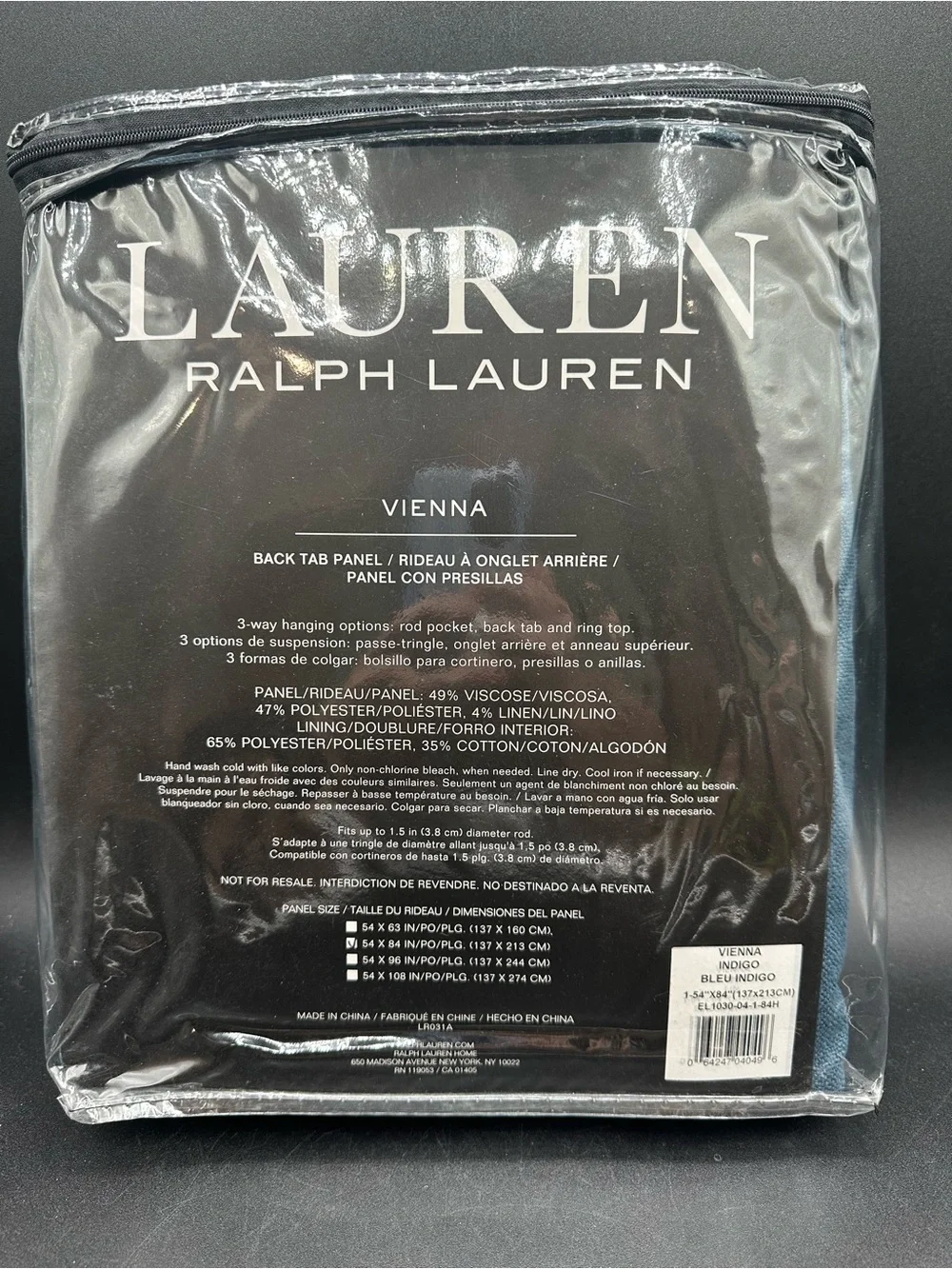 NWT Lauren Ralph Lauren Vienna Indigo Blue Back Tab Panel Curtain Size 54 X 84